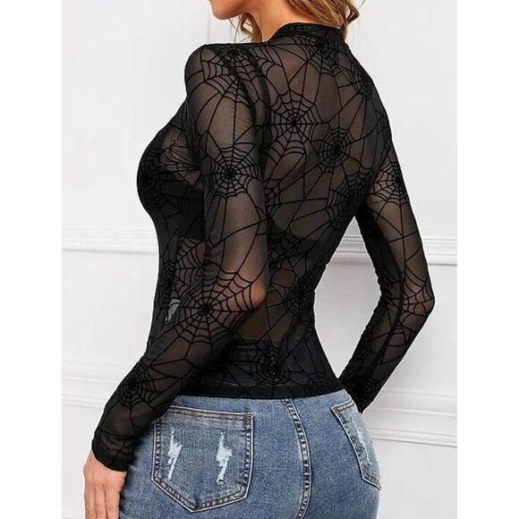 Women Pat4 Long Sleeve Mock Neck Fitted Sexy See Through Mesh Going Out Tops - Picture 2 of 7